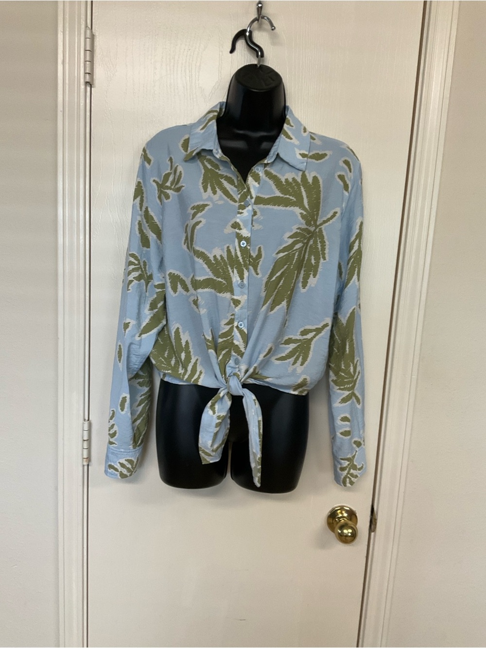 Light Blue Palm Print Button-Up Tie-Front Blouse